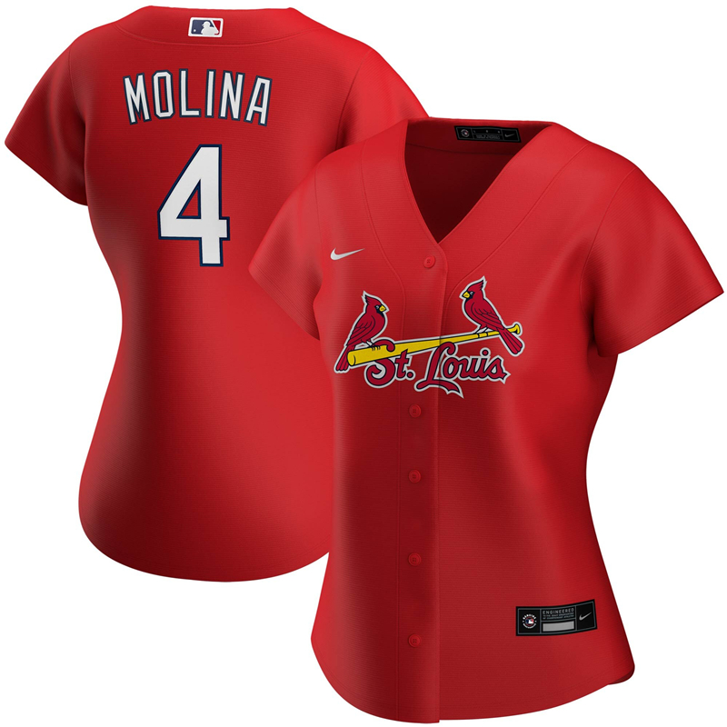 2020 MLB Women St. Louis Cardinals 4 Yadier Molina Nike Red Alternate 2020 Replica Player Jersey 1